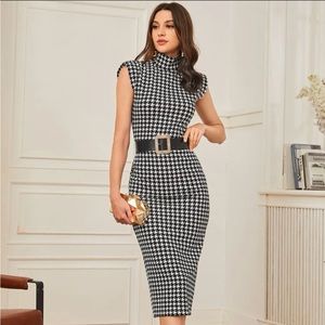 High neck houndstooth print padded shoulder split hem dress
